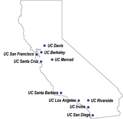 UC Campuses on a map of California 